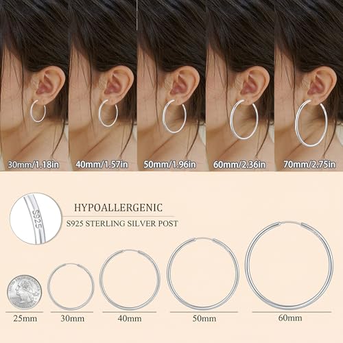 Gold Hoop Earrings for Women Hypoallergenic 925 Sterling Silver Post Hoops Earrings Lightweight Thin Large Big Hoop Earring 30/40/50/60/70mm - color: Silver 40mm