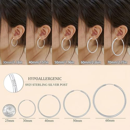 Gold Hoop Earrings for Women Hypoallergenic 925 Sterling Silver Post Hoops Earrings Lightweight Thin Large Big Hoop Earring 30/40/50/60/70mm - color: Silver 40mm
