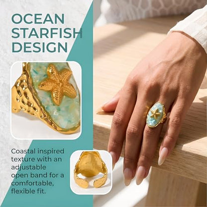 Starfish Ring for Women Gold Tone Adjustable Open Band Stainless Steel Ocean Beach Jewelry Boho Seashell Statement Ring Summer Everyday Wear