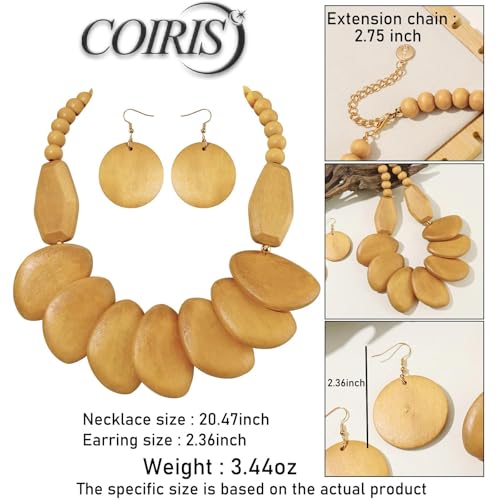 Coiris Chunky Wooden Necklace and Earring Set for Women Boho Statement Jewelry Ethnic Accessories - color: Beige