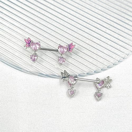 Pink Heart Nipple Rings for Women 14G 16mm Surgical Steel CZ Rhinestone Butterfly Dangling Nipple Shield Studs Body Piercing Jewelry Gifts - color: Pink