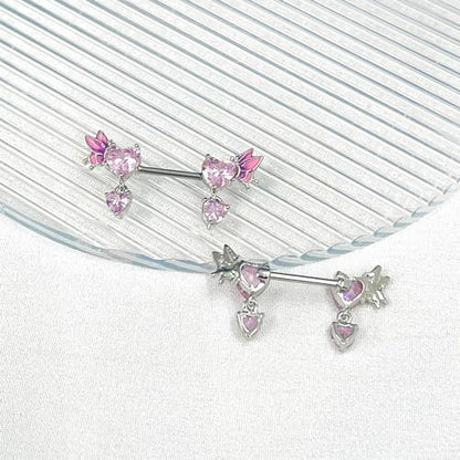 Pink Heart Nipple Rings for Women 14G 16mm Surgical Steel CZ Rhinestone Butterfly Dangling Nipple Shield Studs Body Piercing Jewelry Gifts - color: Pink