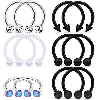 SCERRING 6 Pairs 16G Stainless Steel Horseshoe Septum Ring Nose Rings Hoop Helix Daith Cartilage Tragus Earrings Lip Body Piercing Jewelry Opal 8mm 10mm - color: 10mm - Black