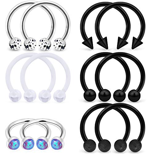 SCERRING 6 Pairs 16G Stainless Steel Horseshoe Septum Ring Nose Rings Hoop Helix Daith Cartilage Tragus Earrings Lip Body Piercing Jewelry Opal 8mm 10mm - color: 10mm - Black