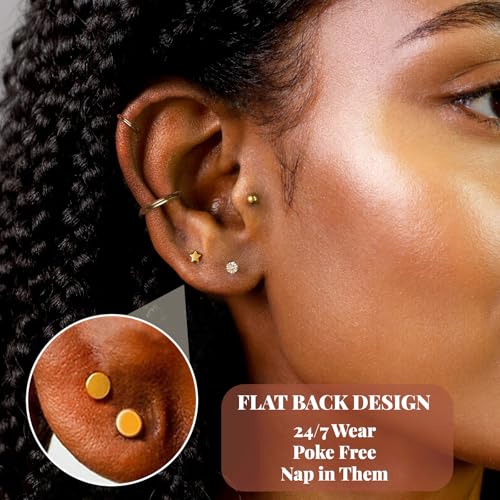 Flat Back Stud Earrings Cartilage Earrings for Women Men Hypoallergenic Threadless Flat Back Earring Surgical Steel Earring Tragus Helix Labret Lip Medusa Conch Body Piercing Jewelry - color: Gold-16G(1.2mm)