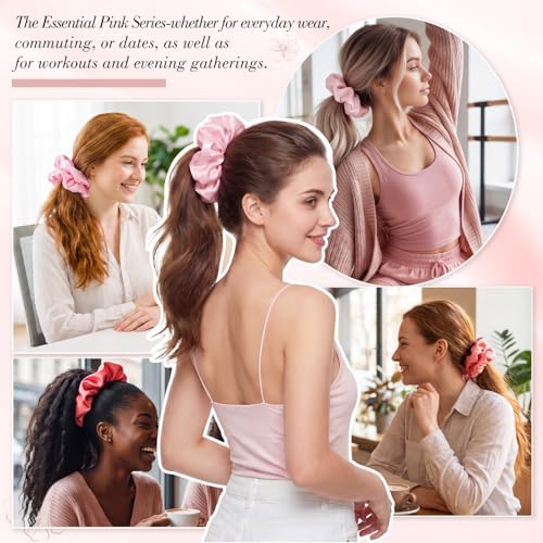 3 Pack Large Satin Hair Scrunchies, 6 Inch Pillow Sleepy Hair Ties | Blush Pink Hair Ties, Soft Padded Satin, Gentle On Thick Or Curly Hair, Sleep-Friendly, Reduced Frizz And Creasing - color: Pink Series