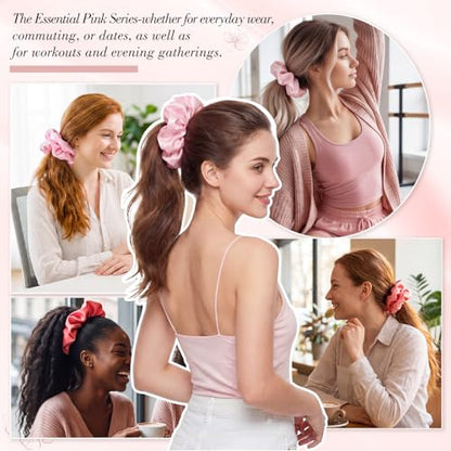 3 Pack Large Satin Hair Scrunchies, 6 Inch Pillow Sleepy Hair Ties | Blush Pink Hair Ties, Soft Padded Satin, Gentle On Thick Or Curly Hair, Sleep-Friendly, Reduced Frizz And Creasing - color: Pink Series