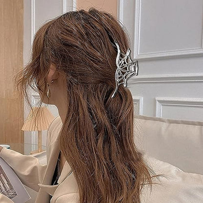 Spider Web Alloy Hair Claw Clips, 1Pcs Silver Punk & Y2K-Style Hair Accessory for Thin Hair - color: Silver Spider Web