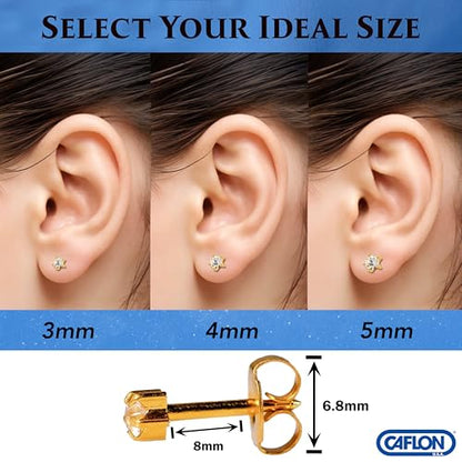 Caflon 12 Pairs April Birthstone Stud Earrings - Clear Crystal Clawset Studs, 3mm/4mm/5mm | 24K Gold Plated Stainless Steel | Hypoallergenic Nickel-Safe for Sensitive Ears | Bulk Value Pack & Gift - color: 24K Gold Plated, size: 5mm