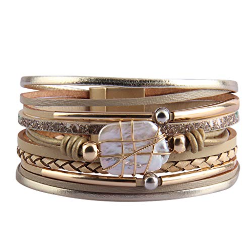 GelConnie Leather Cuff Bracelet Baroque Pearl Wrap Bracelet Gorgeous Gold Tube Bangle Boho Bracelet Bohemian Wristband Jewelry Gift for Women Wife - color: Leather Wrap Bracelet -Beige