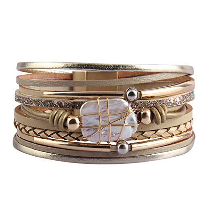 GelConnie Leather Cuff Bracelet Baroque Pearl Wrap Bracelet Gorgeous Gold Tube Bangle Boho Bracelet Bohemian Wristband Jewelry Gift for Women Wife - color: Leather Wrap Bracelet -Beige