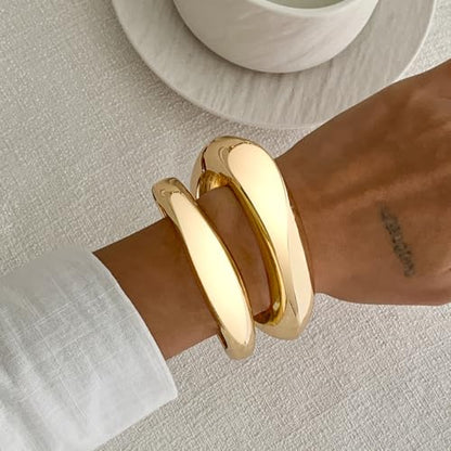 Chunky Gold Bangles for Women Gold Plated Stackable Bracelets Set Trendy Cuff Bracelets Stack Wrist Open Bangle Jewelry Gift Accessories - style: Gold