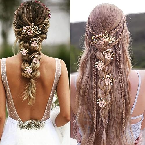 5 PCS Bridal Flower Wedding Hair Pins Crystal Pearl Hair Clips Headpiece Gold Wedding Hair Accessories Jewelry with Rhinestone for Brides Bridesmaids Women Girls Updo(Cherry Blossoms Pink) - color: Exquisite Flower Leaves&Cherry Blossoms Pink