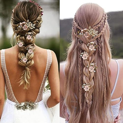 5 PCS Bridal Flower Wedding Hair Pins Crystal Pearl Hair Clips Headpiece Gold Wedding Hair Accessories Jewelry with Rhinestone for Brides Bridesmaids Women Girls Updo(Cherry Blossoms Pink) - color: Exquisite Flower Leaves&Cherry Blossoms Pink