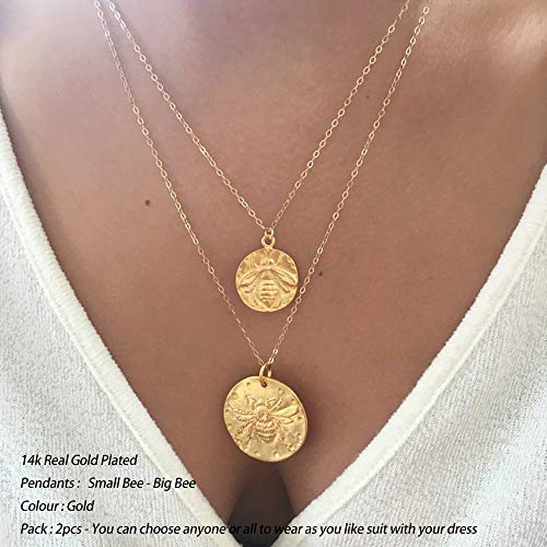 Turandoss Gold Layered Necklaces for Women - 14K Gold Plated Handmade Multilayer Bar Pearls Coin Disc Moon Butterfly Medallion Adjustable Dainty Layered Choker Necklaces for Women Jewelry - style: 2PCS - Small Bee&Big Bee