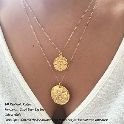 Turandoss Gold Layered Necklaces for Women - 14K Gold Plated Handmade Multilayer Bar Pearls Coin Disc Moon Butterfly Medallion Adjustable Dainty Layered Choker Necklaces for Women Jewelry - style: 2PCS - Small Bee&Big Bee