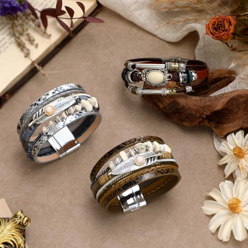 Inbagi 3 Pcs Western Turquoise Jewelry for Women Native American Jewelry White Turquoise Bracelet Bohemian Multi Layer Faux Leather Cowgirl Bracelet for Girls Women Silver Cuff Bangle - style: Gentle