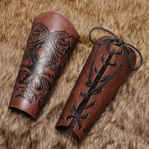 Medieval Leather Bracers Dragon Embossed Viking Leather Bracers Leather Arm Armer Cuff Leather Gauntlet Costumes Accessories - style: Viking Angle Wings Leather Bracers-light Brown