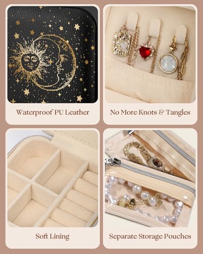 Bistup Travel Jewelry Case - Small Jewelry Organizers and Storage Box for Women Girls Teens Cute Traveling Jewelry Holder with Mirror Little Tiny Compact Modern Unique Aesthetic Pretty, Sun and Moon - style: Sun Moon
