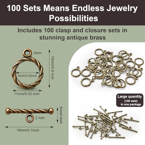 Heather's CF Toggle Jewelry Clasps – Durable Quality, Antique Twisted Brass Finish Toggle Clasps & Closures for Necklace, Bracelet & Charms – Ideal for DIY, & Jewelry Making – Small (Set of 100) - color: Twisted brass toggle clasp