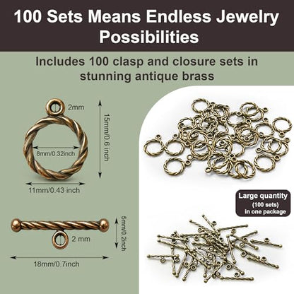 Heather's CF Toggle Jewelry Clasps – Durable Quality, Antique Twisted Brass Finish Toggle Clasps & Closures for Necklace, Bracelet & Charms – Ideal for DIY, & Jewelry Making – Small (Set of 100) - color: Twisted brass toggle clasp