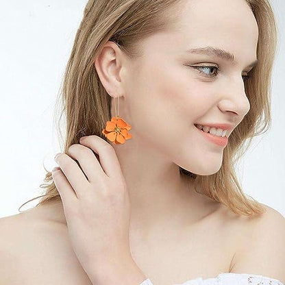 Bohemian Daisy Flower Matte Floral Long Petal Drop Dangle Earrings Layered Tiered for Women Chic Boho Wedding Jewelry - color: Orange