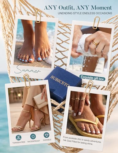 Subiceto 6 Pcs 14K Gold Filled Toe Rings for Women Non Tarnish Dainty Open Adjustable Toe Ring Set Stackable Cz Hypoallergenic Beach Summer Foot Jewelry for Women - color: texture 14k gold plated