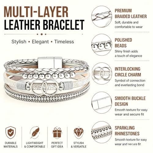 Leather Wrap Bracelets for Women, Boho Leopard Multi-Layer Crystal Beads Cuff Jewelry - color: J-Warp-014