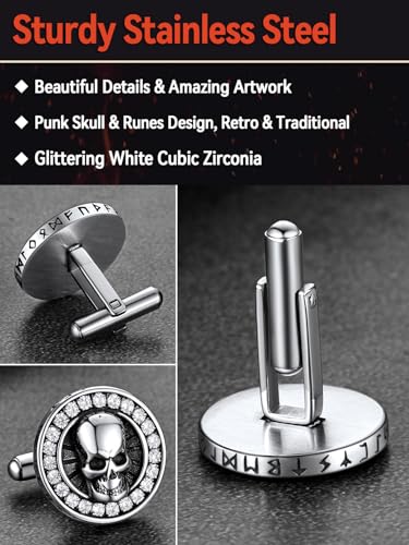 FaithHeart Mens Cufflinks, Norse Viking Tuxedo Shirt Cuff Links, Stainless Steel Cuff Links and Shirt Studs, Gift Box - style: 05. Skull CZ-Silver