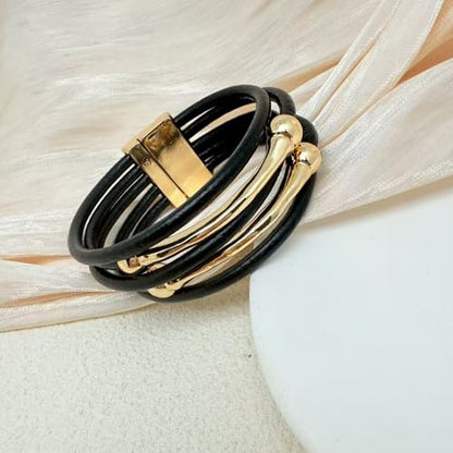 Bracelets for Women Leather Bracelet Multi-Layer Rope Wrap Bangle 14k Gold Plated Cirle Hollow Tube Boho Cuff Bangle Bracelets for Women Gift - style: Bone Tube-Balck Bangle