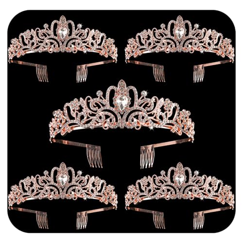 Crystal Tiara Crowns For Women Girls Princess Elegant Crown with Combs Women's Headbands Bridal Wedding Prom Birthday Party - color: Rose Gold Crown 5PCS, size: 5Pcs