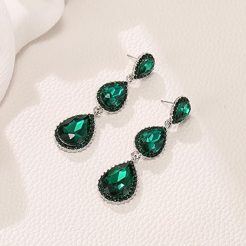 EleQueen Women's Crystal Teardrop Pear Shape 2.5 Inch Long Earrings | Dangle Earrings for Women, TearDrop Crystals Earrings for Bride Bridesmaid, Prom Jewelry for Wedding - color: Green Silver-Tone