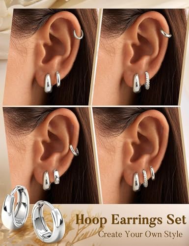Jstyle Small Hoop Earrings for Women, Gold Silver Earring Stack | 4Pcs Huggie Hoop Earrings Set, Non Tarnish, Chunky Cartilage Earring, Piercing Jewelry, Comfortable Daily Wear - color: Silver Plated