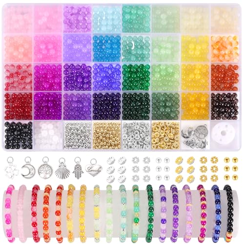 Funtopia 1368pcs 6mm Glass Beads for Bracelets Jewelry Making Supplies | 34 Colors Crystal Round Glass Beads for DIY Earrings Necklace Crafts with Spacer Beads and Charms, Solid and Gradient Colors - color: #1 Multicolored, size: 6mm