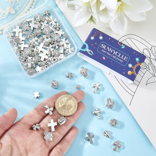 SUNNYCLUE 1 Box 100Pcs Metal Cross Beads Small Crucifix Beads Alloy Easter Gothic Antique Silver Tibetan Style Large Hole Loose Smooth Spacers for Jewelry Making Bracelets Necklace Crafts Accessories