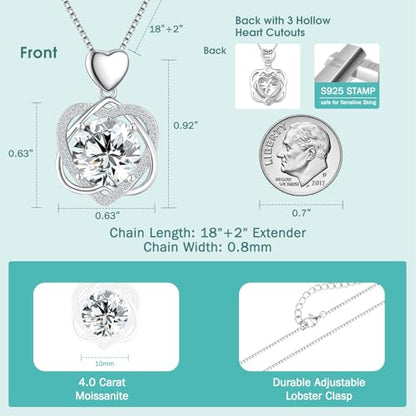 Moissanite Heart Necklace for Women, 2-5 Carat Moissanite Heart Pendant Necklace, S925 Sterling Silver Gold Plated, Double Love Heart Design Pendant, Anniversary Birthday Valentines Mothers Day Gifts for Wife Mom Girlfriend - style: 4.0 Carats-White Gold