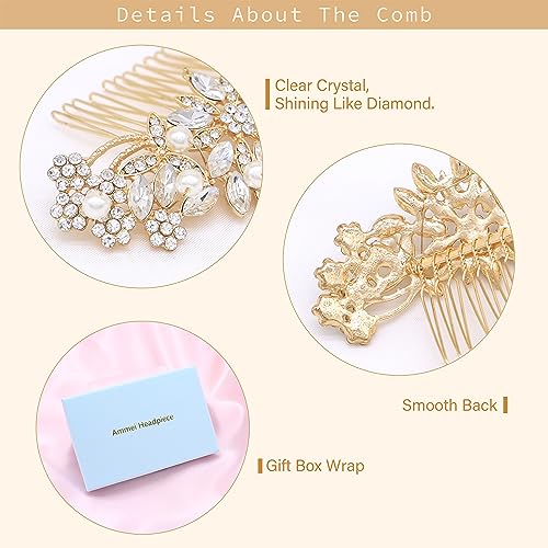 Rose Gold Wedding Hair Comb With Pearls and Crystals Wedding Hair Accessories Bridal Headpiece Or For Parties (Gold) - color: Gold