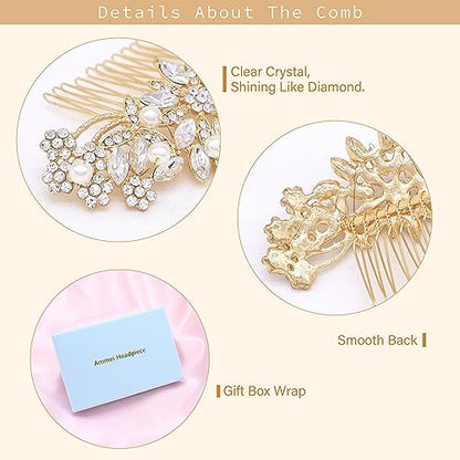 Rose Gold Wedding Hair Comb With Pearls and Crystals Wedding Hair Accessories Bridal Headpiece Or For Parties (Gold) - color: Gold