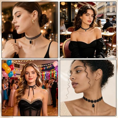 10PCS Choker Necklace - Black Gothic Y2k Tattoo Chokers - Velvet Leather Lace Chocker Set - Adjustable Stretchy Layered Collar Necklace