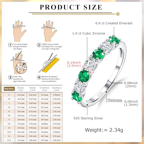 Birthstone Wedding Band Eternity Rings 925 Sterling Silver Rings Stackable Anniversary Engagement Rings Cubic Zirconia Inlaid Created Garnet/Amethyst/Sapphire Ring 7 Stone Ring, Size 6 to 10 - color: Emerald & 5A CZ