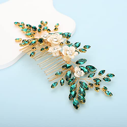 Bridal White Flower Green Crystal Rhinestone Hair Comb for Bride Bridesmaid Sliding side Headpieces Wedding Hair Accessories for Women and Girls (Green) - color: Green