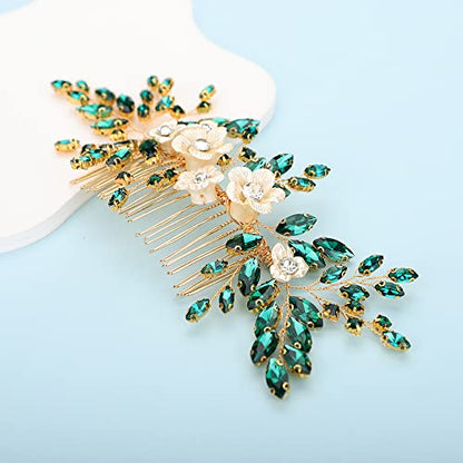 Bridal White Flower Green Crystal Rhinestone Hair Comb for Bride Bridesmaid Sliding side Headpieces Wedding Hair Accessories for Women and Girls (Green) - color: Green