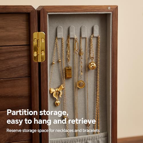 Black Walnut Wood Jewelry Box for Women, Large | Velvet Lined, 5 Drawers & Brass Feet, Earring Organizer, Traditional Chinese Pattern Handles - size: Double doors