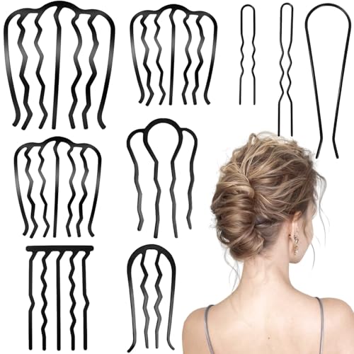 9 Pieces Hair Side Combs, Metal Hair Fork Clip French Twist Comb for Updo Bun, Teeth Hair Pins U-Shape Hair Sticks for Women Hair Styling Tool Accessories (Black)