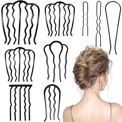 9 Pieces Hair Side Combs, Metal Hair Fork Clip French Twist Comb for Updo Bun, Teeth Hair Pins U-Shape Hair Sticks for Women Hair Styling Tool Accessories (Black)