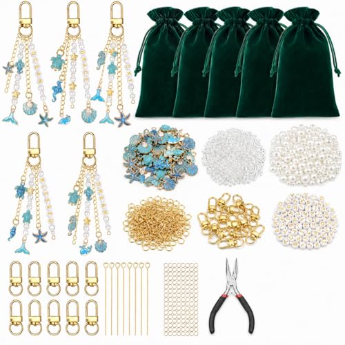 XUHAO7 781Pcs DIY Keychain Making Kit Beach Crafts Set | Seashell Starfish Pearl Letter Beads with Tools & 5 Velvet Pouches, DIY Bag Charm Kit for Women Girl - size: Ocean