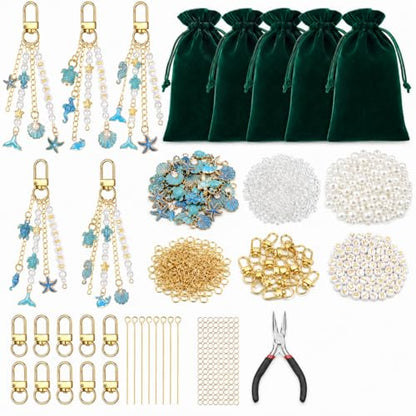 XUHAO7 781Pcs DIY Keychain Making Kit Beach Crafts Set | Seashell Starfish Pearl Letter Beads with Tools & 5 Velvet Pouches, DIY Bag Charm Kit for Women Girl - size: Ocean