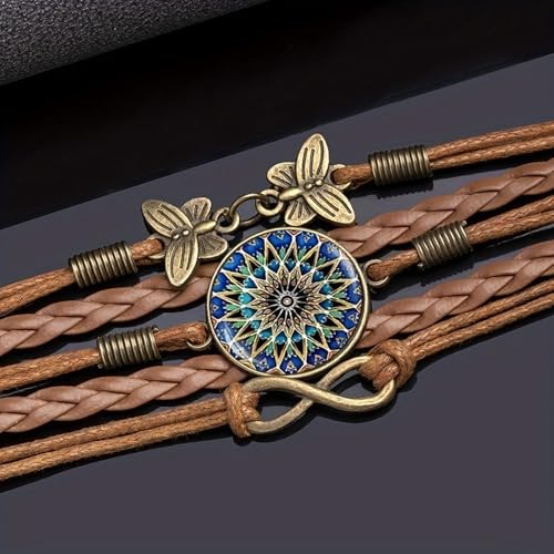 Mandala Floral Bracelet - Handmade Boho Braided Faux Leather Wrap Bracelet with Butterfly Charm - Vintage Adjustable Hippie Jewelry