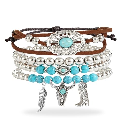Turquoise Beaded Stretch Bracelets Bohemian Stackable Bracelets Y2K Summer Beach Bracelets Jewelry for Women - color: Stackable-Western