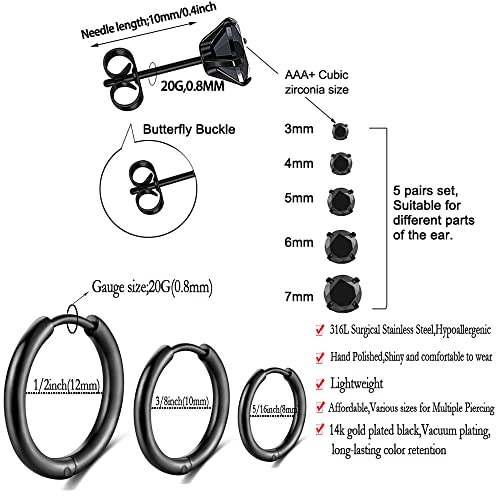 Surgical Stainless Steel Stud Earrings Hoop Earrings for Women Men 14K Gold Plated Hypoallergenic Cartilage Earrings Flat Back CZ Earrings Set Dainty Multiple Piercing Pack of 8 Pairs - color: Push back (Black)